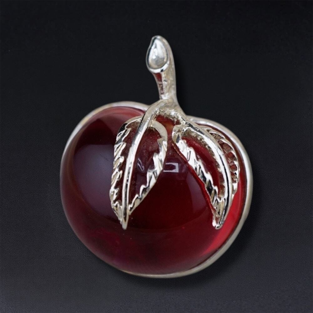 Vintage Sarah Coventry Lucite Cherry Red Fruit Brooch Silver Tone Novelty Pin